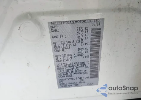 2014 Nissan Rogue Sl z USA, uszkodzony, nr VIN 5N1AT2MVXEC850796